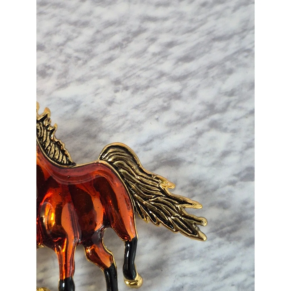 Vintage Enamel Horse Brooch Amber Gold Tone Equestrian Pin Accessory Glossy